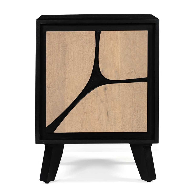 Boho wooden bedside table with artistic carved detail