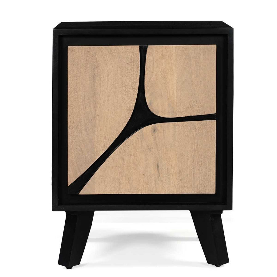 Boho wooden bedside table with artistic carved detail