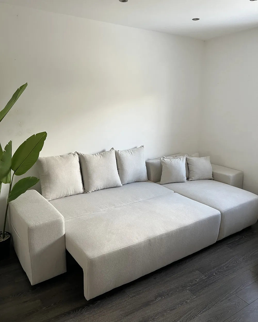 Corner Sofa Bed 3 Seater Fabric Light Beige with Storage Left Hand Vardie