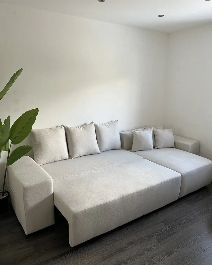 Corner Sofa Bed 3 Seater Fabric Light Beige with Storage Left Hand Vardie