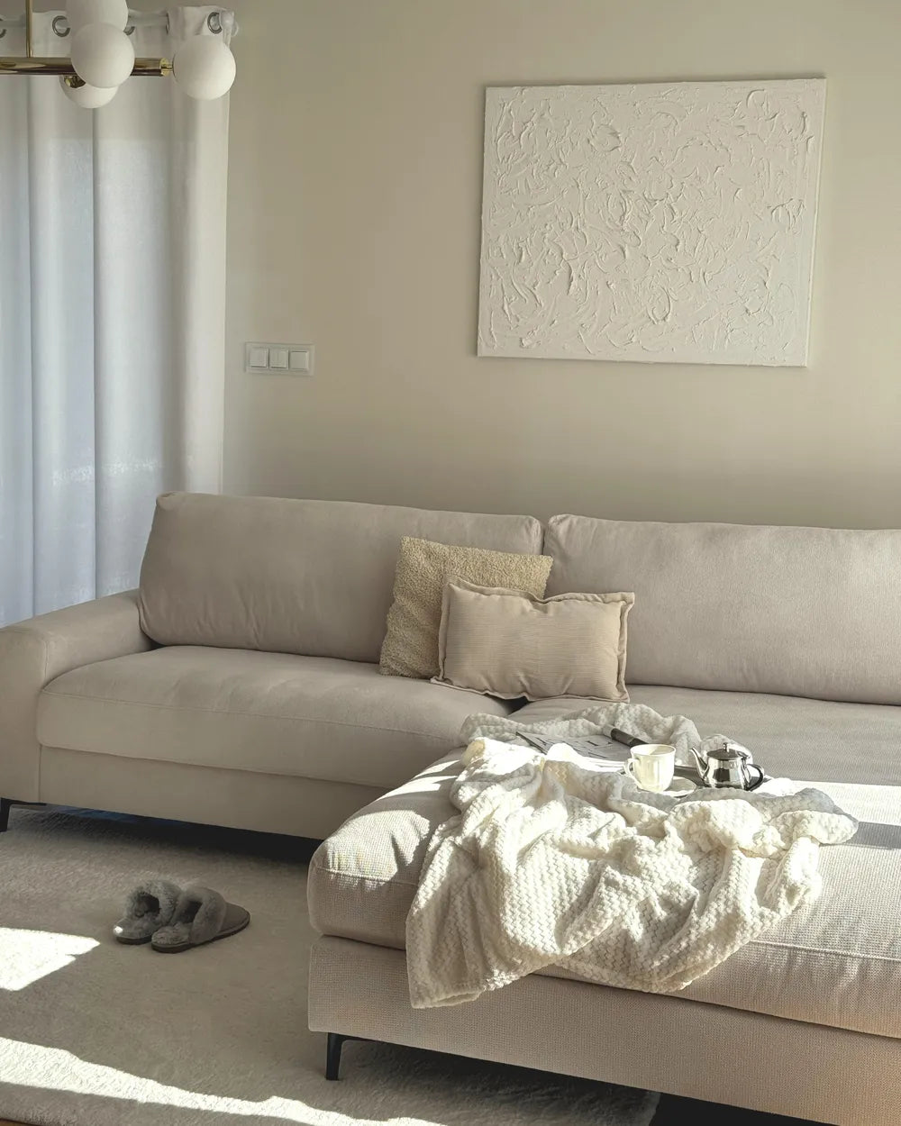 Corner Sofa 3 Seater Chenille Off-White Left Hand Emilio