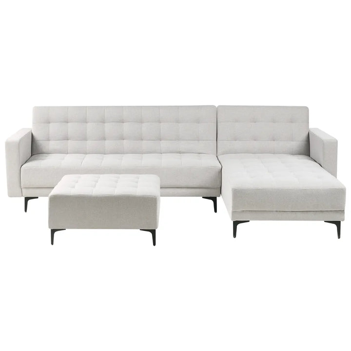 Left-hand 4-seater modular corner sofa bed in light grey fabric with ottoman