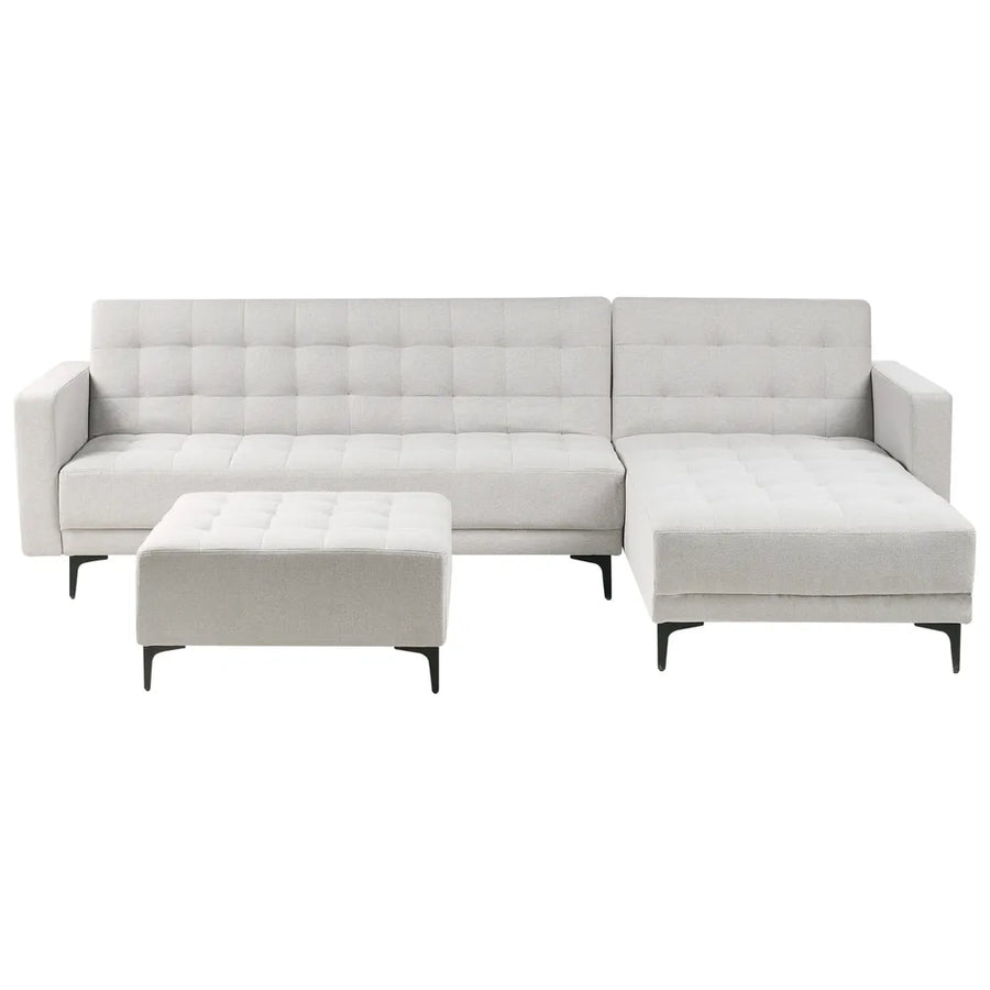Left-hand 4-seater modular corner sofa bed in light grey fabric with ottoman
