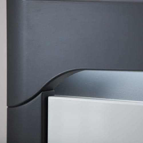 Close-up of a modern kitchen appliance with a metallic finish.