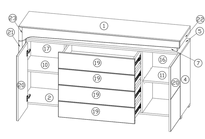 Line drawing of a furniture piece with labeled parts on a white background