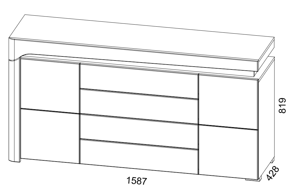 Line drawing of a rectangular cabinet with dimensions labeled