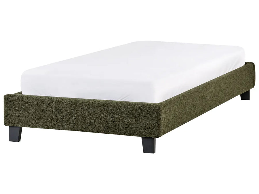 Dark green boucle single bed without headboard