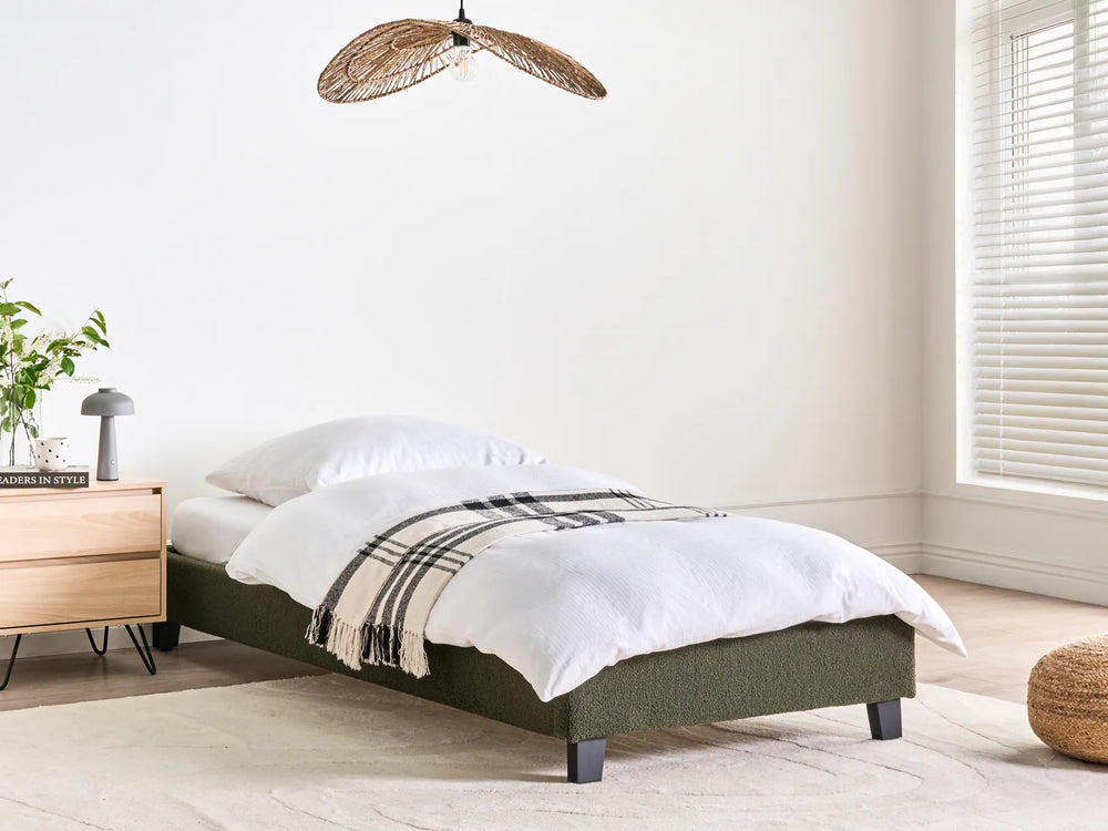 Minimalist dark green boucle bed frame 90x200