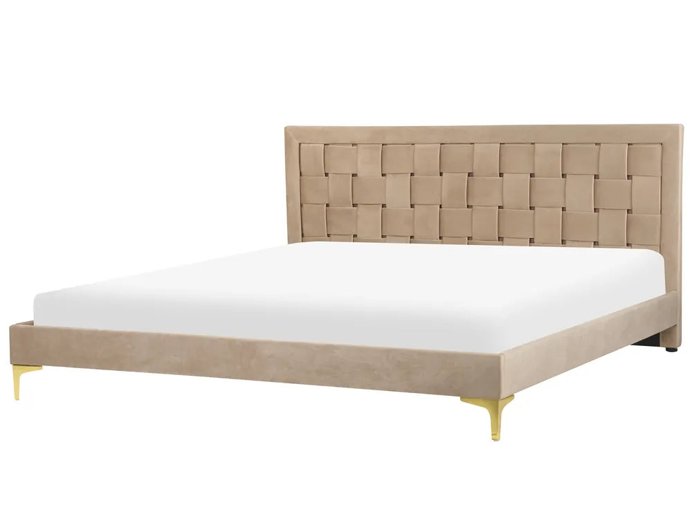 Taupe velvet EU Super King bed with upholstered headboard and sprung slats