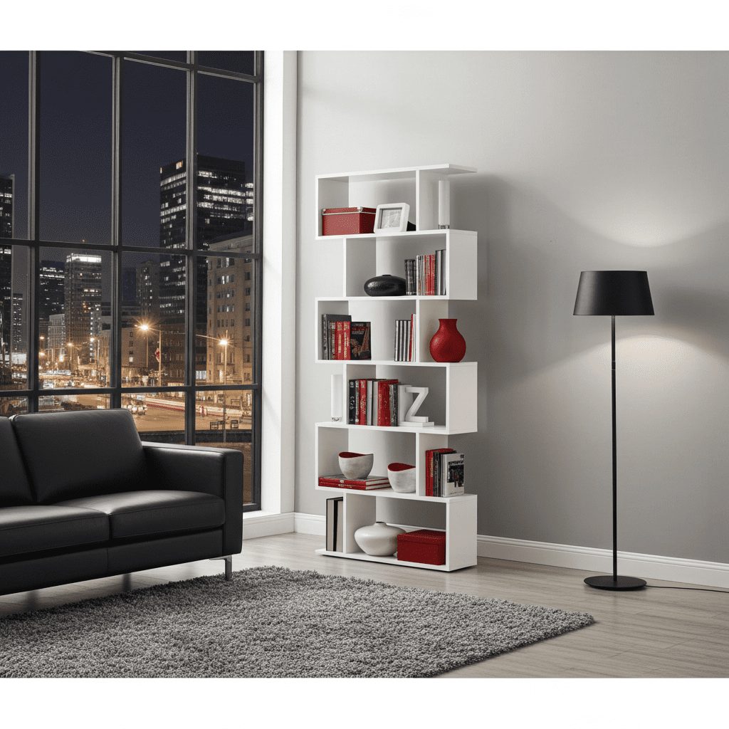 White gloss bookcase with 6 open shelves for storage