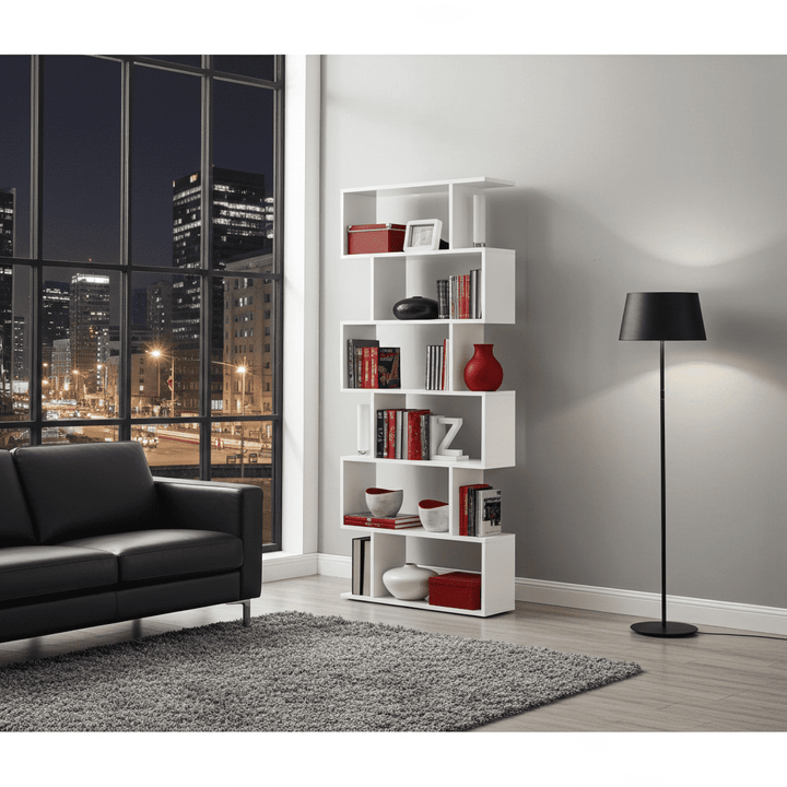White gloss bookcase with 6 open shelves for storage