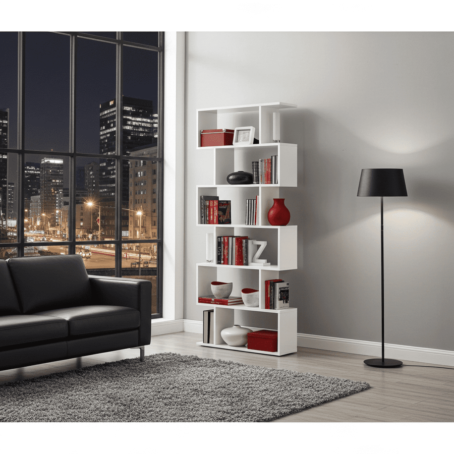 White gloss bookcase with 6 open shelves for storage