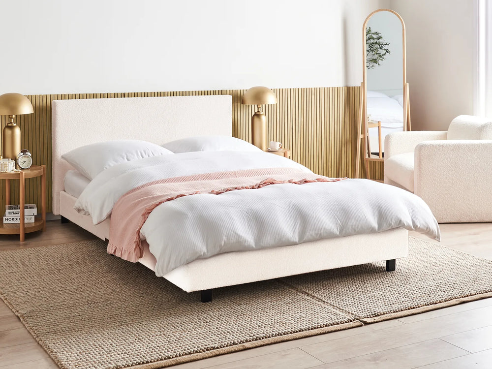 boucle upholstered bed with slatted base