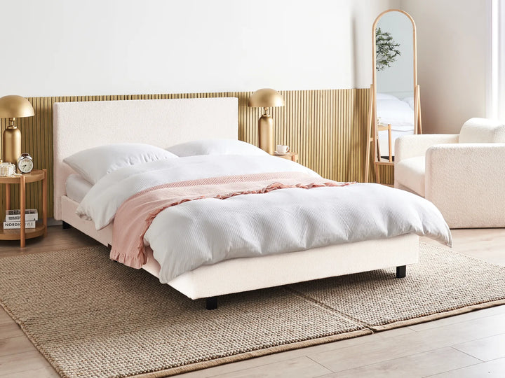 boucle upholstered bed with slatted base