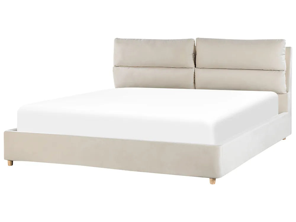 Light beige velvet EU Super King ottoman bed with storage and padded headboard