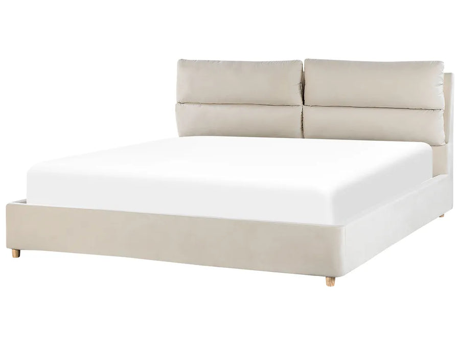 Light beige velvet EU Super King ottoman bed with storage and padded headboard