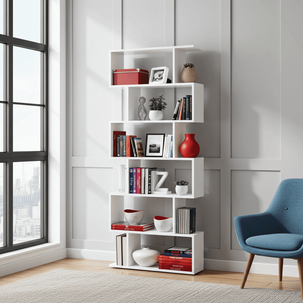 Modern white shelving unit for books and decor
