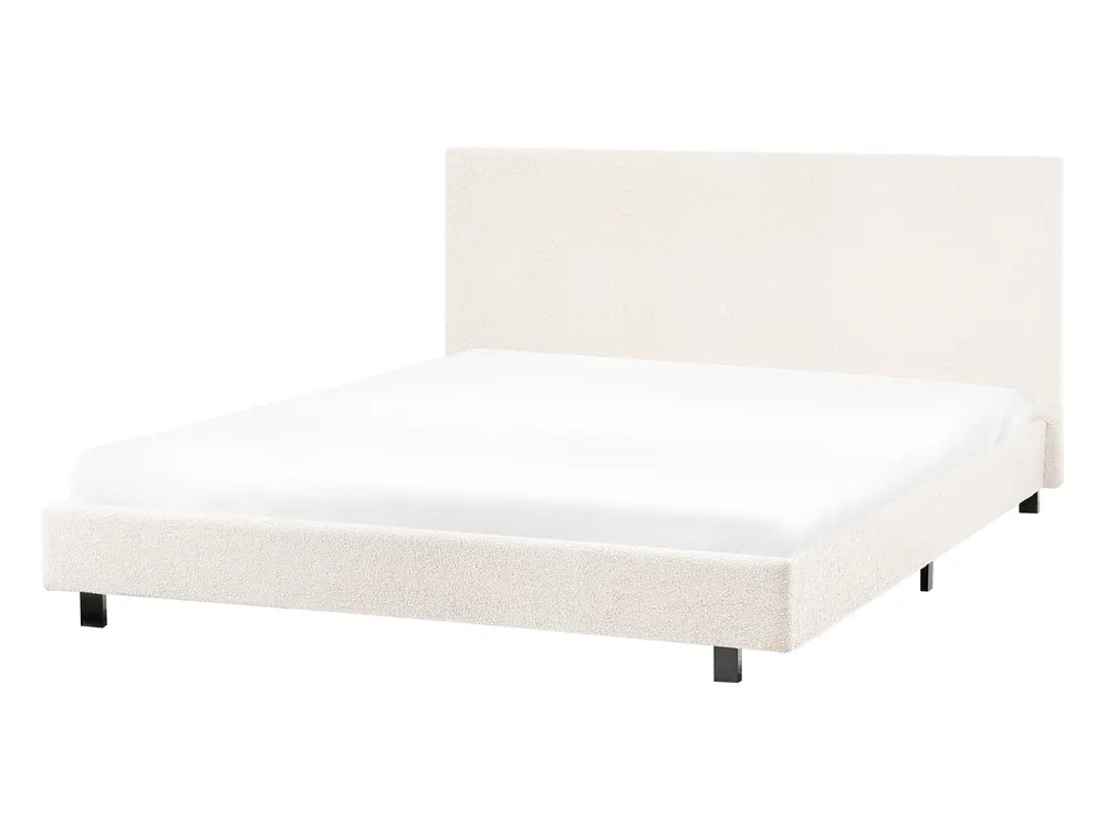 Off-white boucle double bed with wide padded headboard