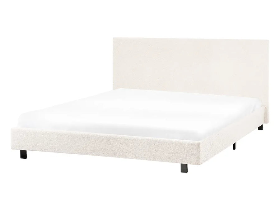 Off-white boucle double bed with wide padded headboard