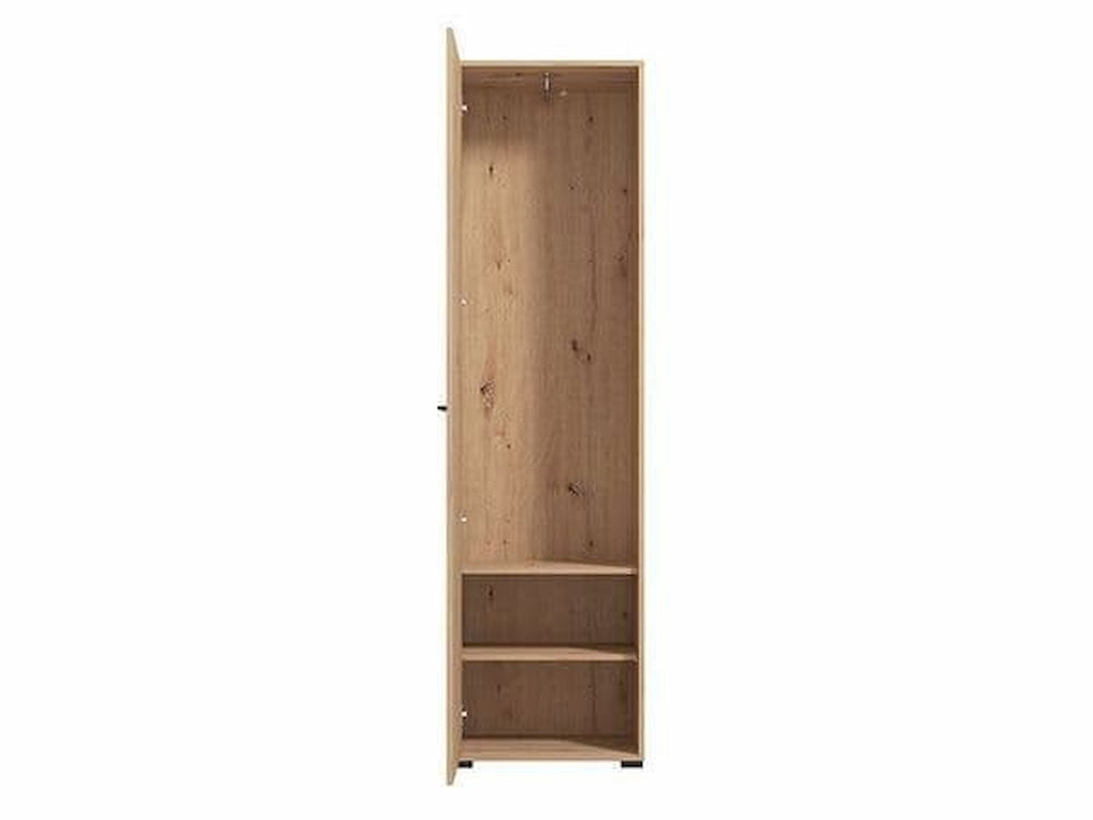 Wooden wardrobe with open door on a white background