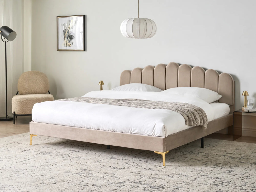 Velvet upholstered bed with adjustable headboard taupe