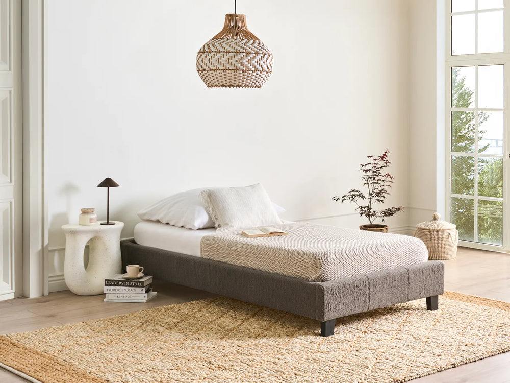 Minimalist taupe boucle bed frame 90x200