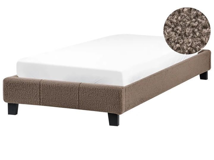 Modern taupe boucle bed with wooden slats