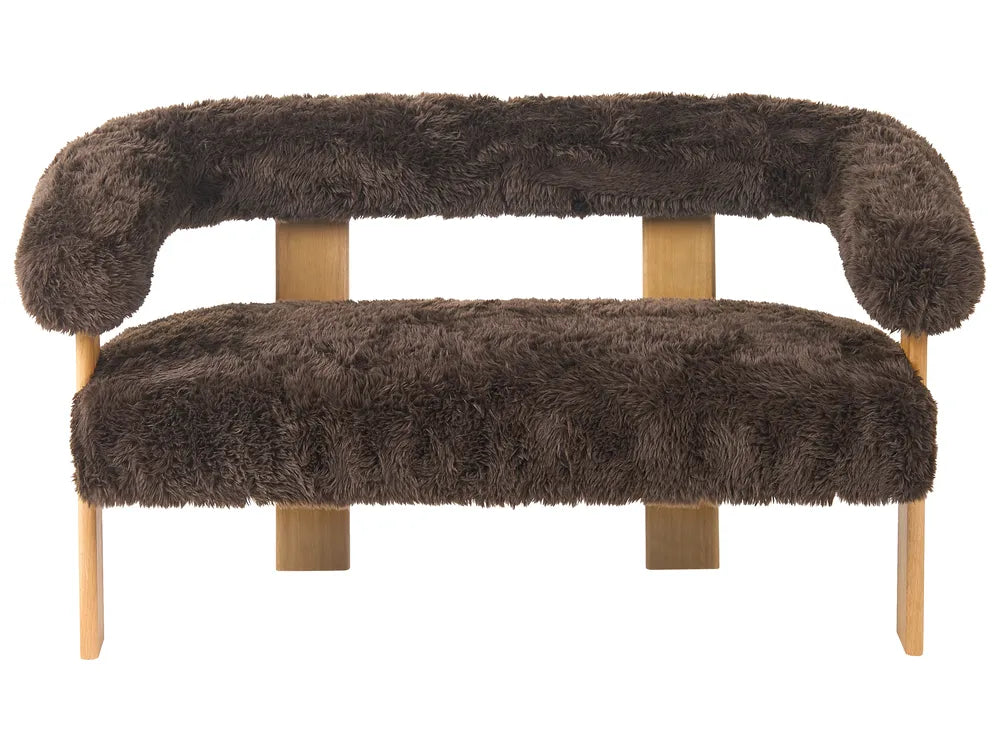 Brown furry bench with wooden legs on a white background