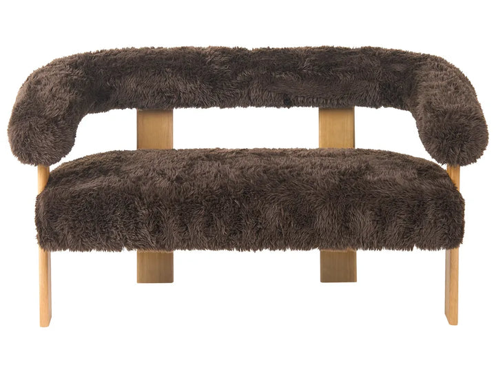Brown furry bench with wooden legs on a white background