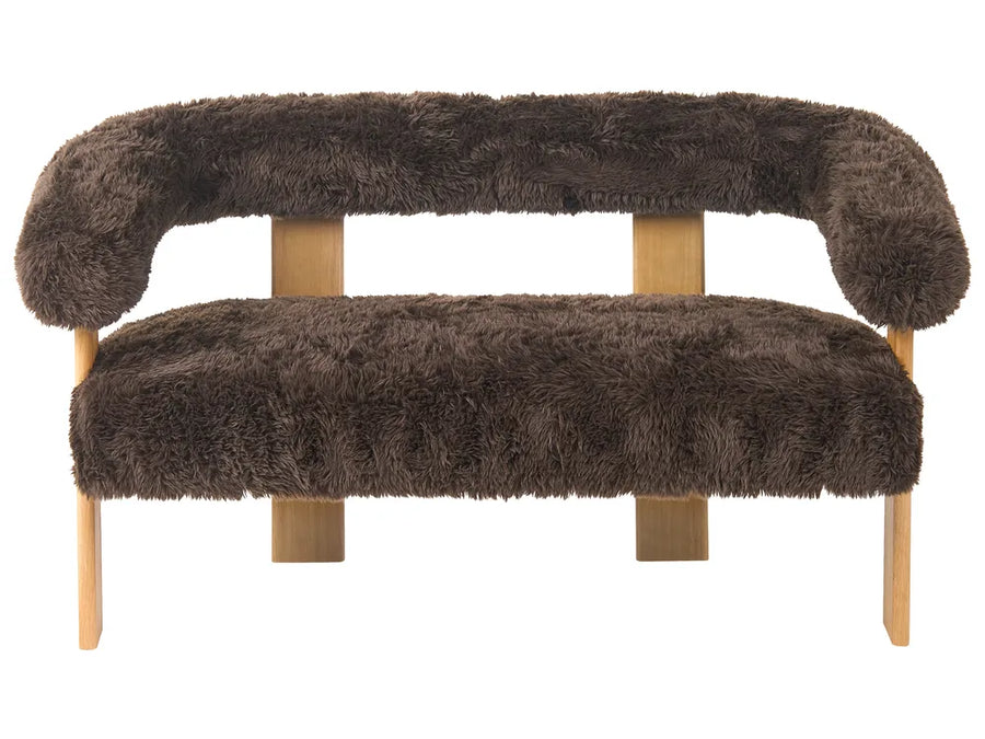 Brown furry bench with wooden legs on a white background