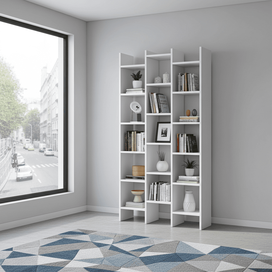 White bookshelf in a room with a large window and geometric-patterned rug