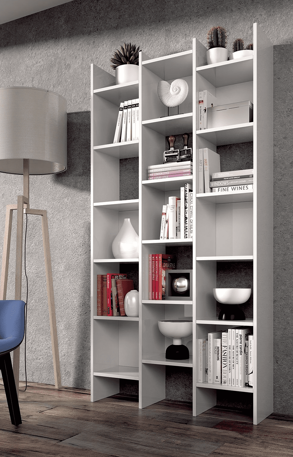 White bookshelf with various items against a gray wall