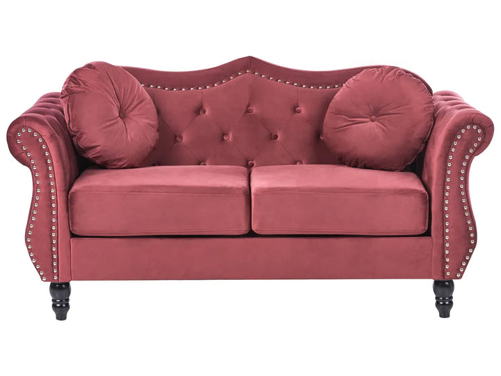 Dark red velvet 2 seater sofa with tufted backrest