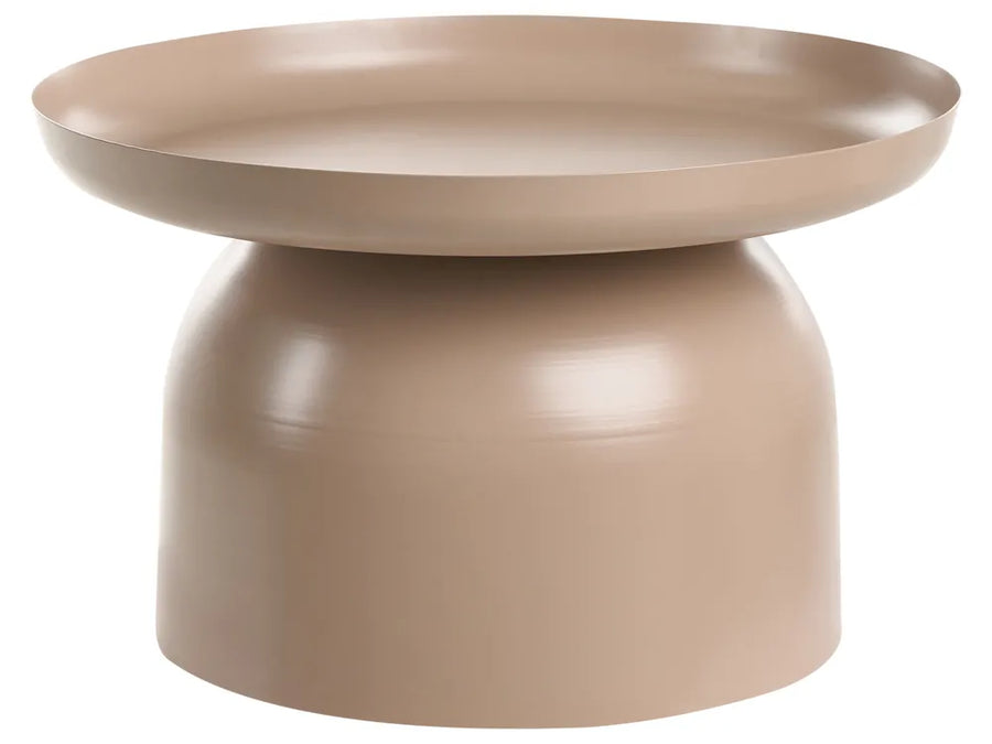 Beige side table with a round top and cylindrical base on a white background