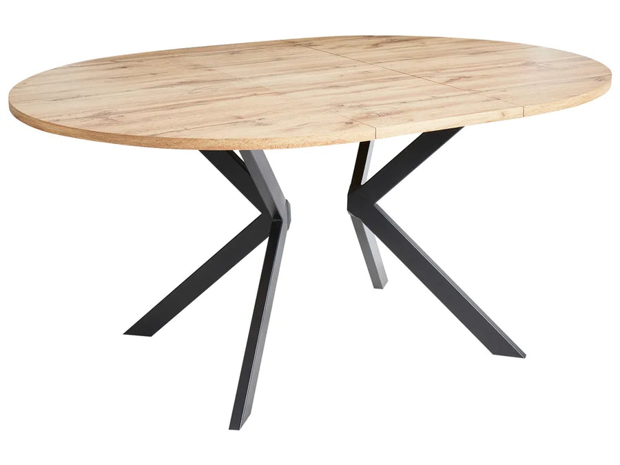 Wooden table with black metal legs on a white background