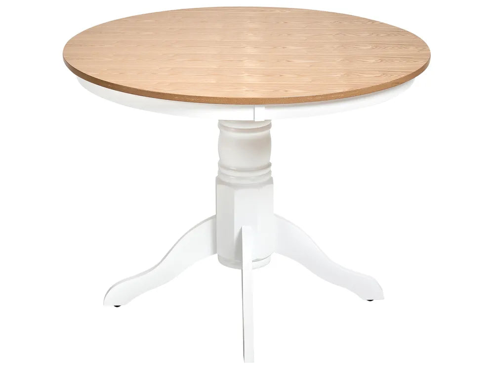 Round table with wooden top and white base on a white background