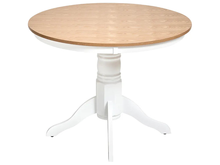 Round table with wooden top and white base on a white background