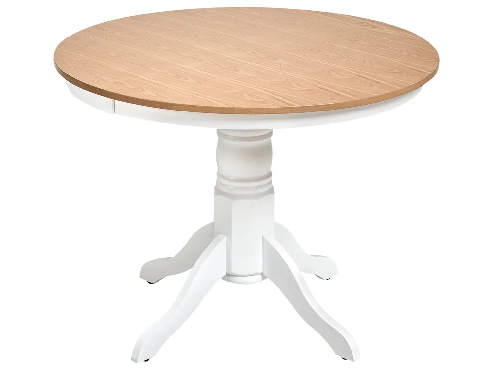 Round table with wooden top and white base on a white background