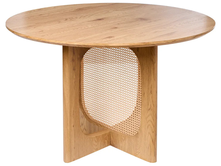 Wooden side table with woven pattern on a white background