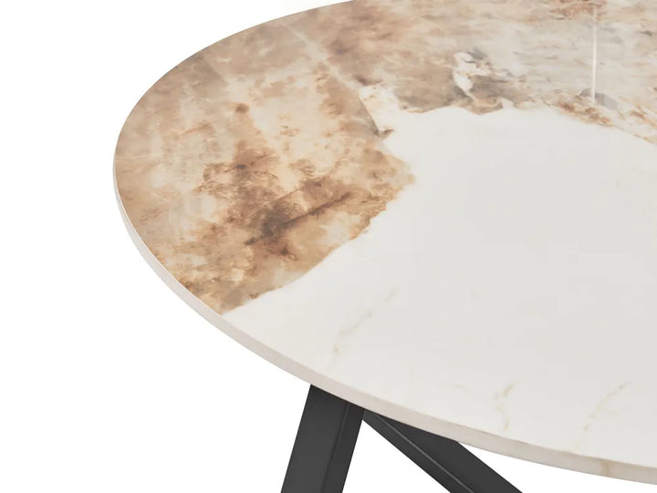 Round marble table with a white and brown pattern on a white background