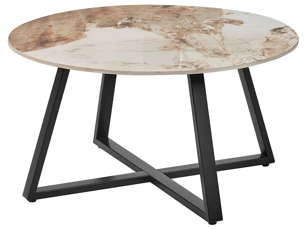 Round coffee table with marble-like top and black metal legs on a white background
