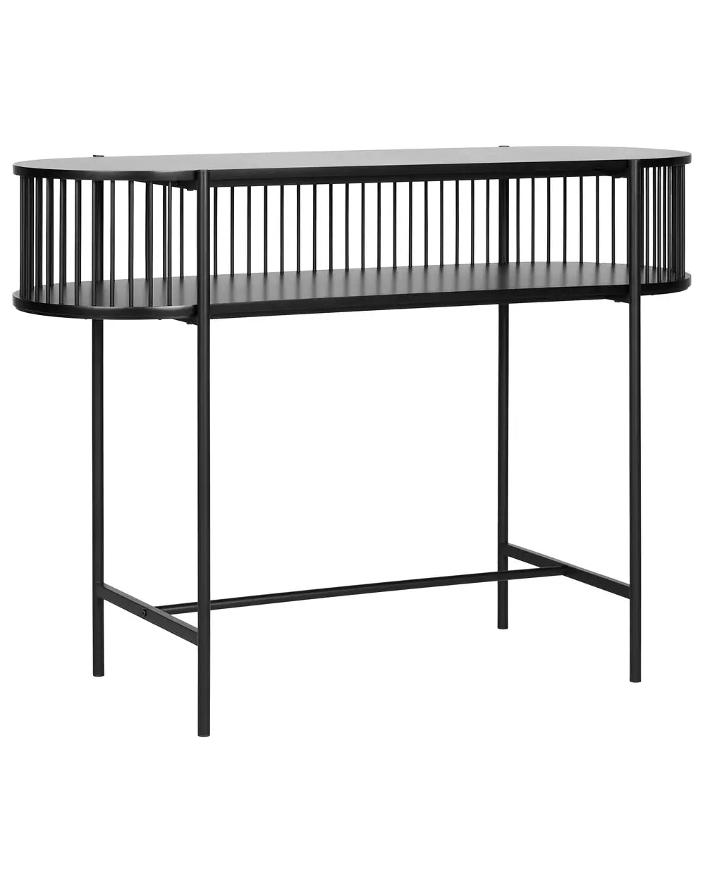 Black metal console table on a white background