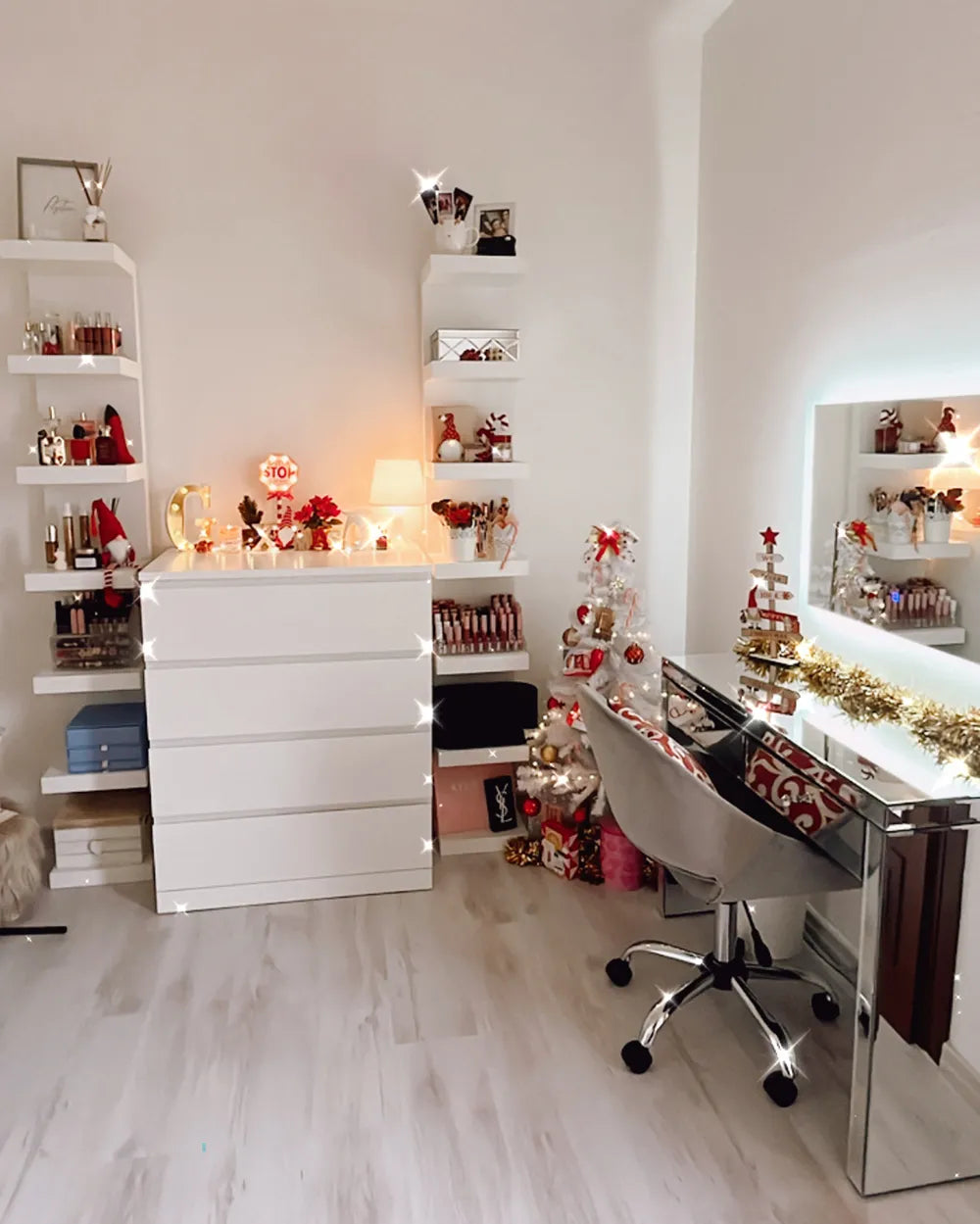 Modern office or reception area with white desk, shelves, and chair.