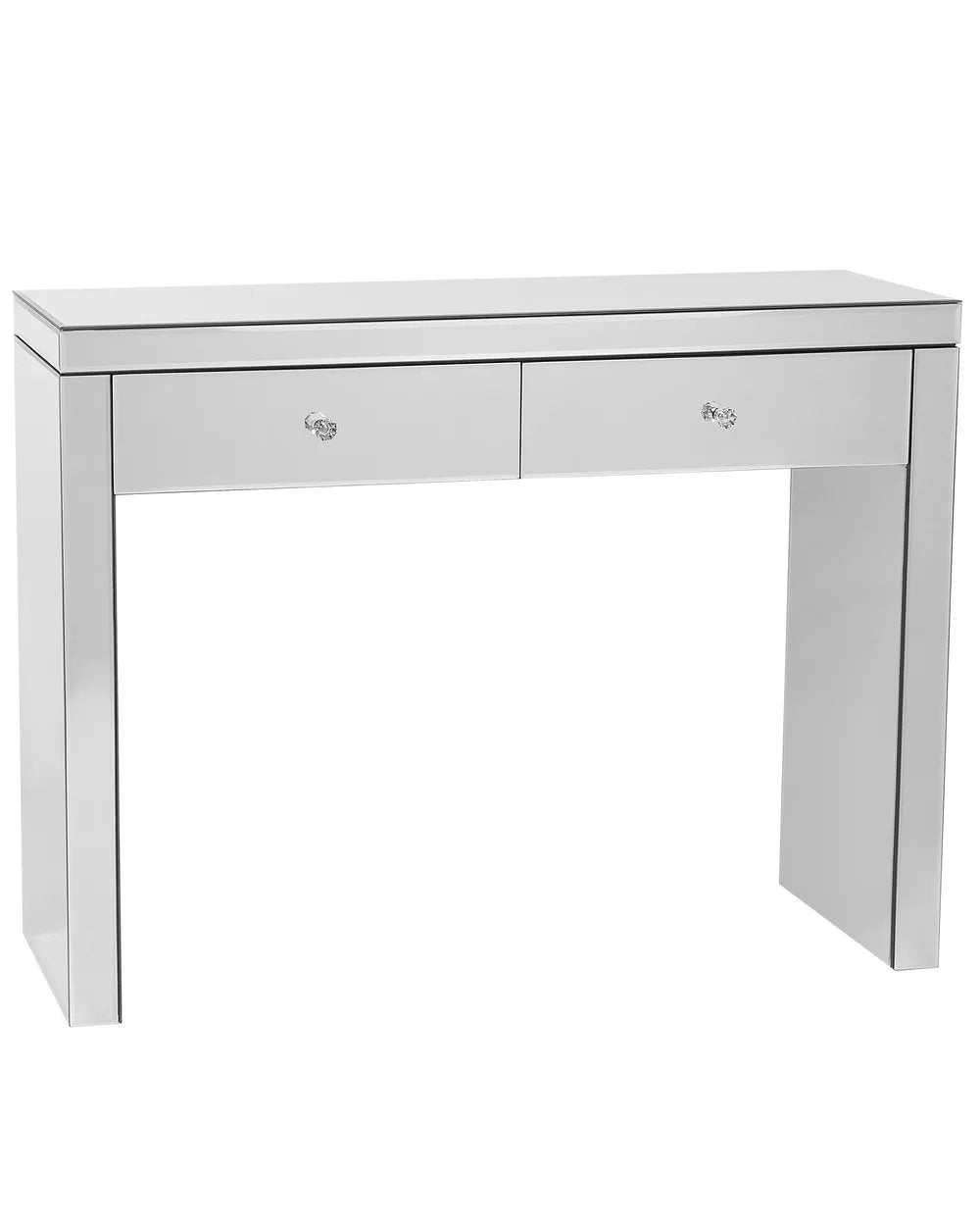 Silver mirror desk with two drawers on a white background