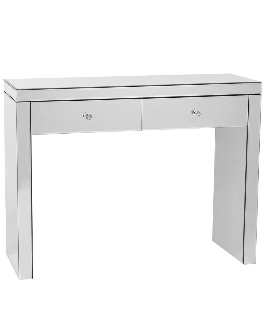 Silver mirror desk with two drawers on a white background