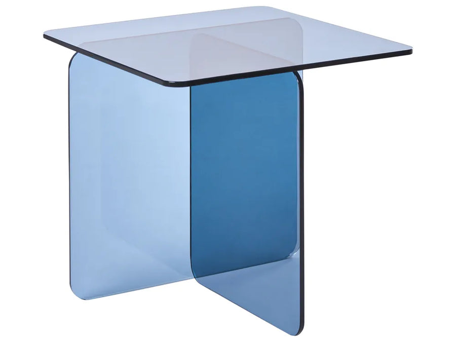 Blue glass side table on a white background