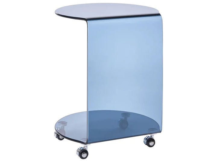 Blue glass side table with wheels on a white background
