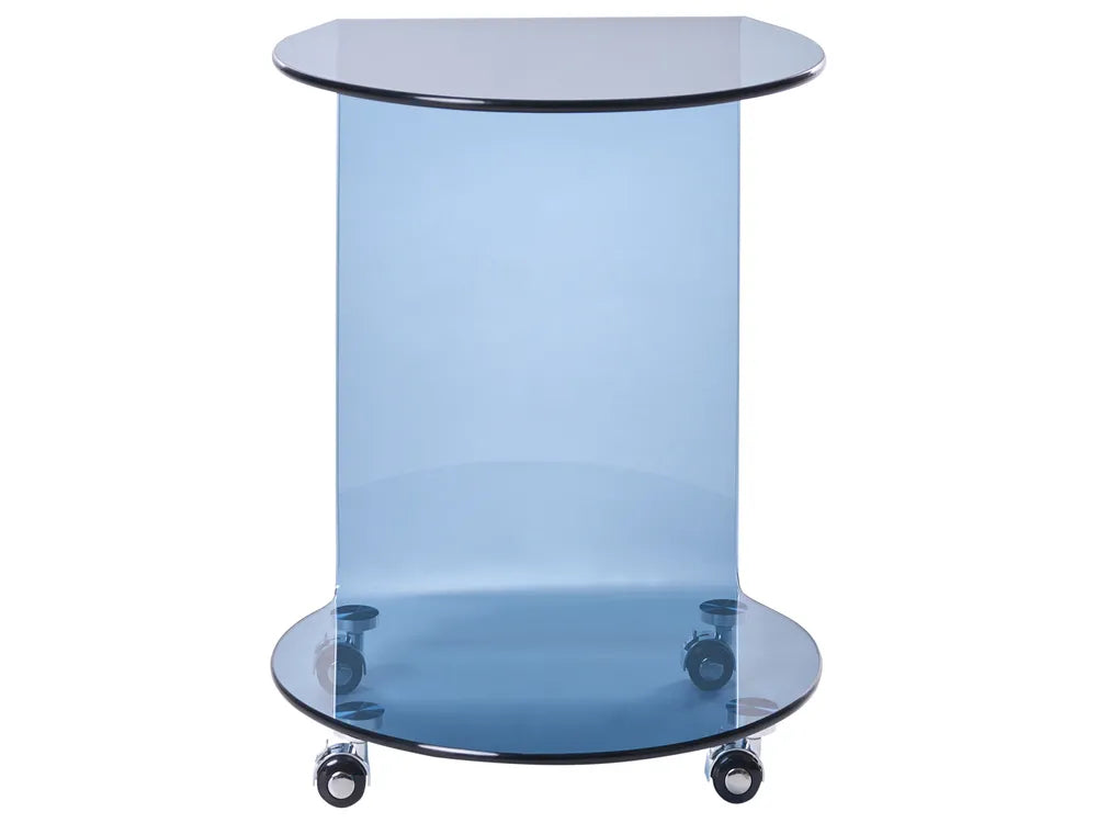 Blue glass side table with wheels on a white background