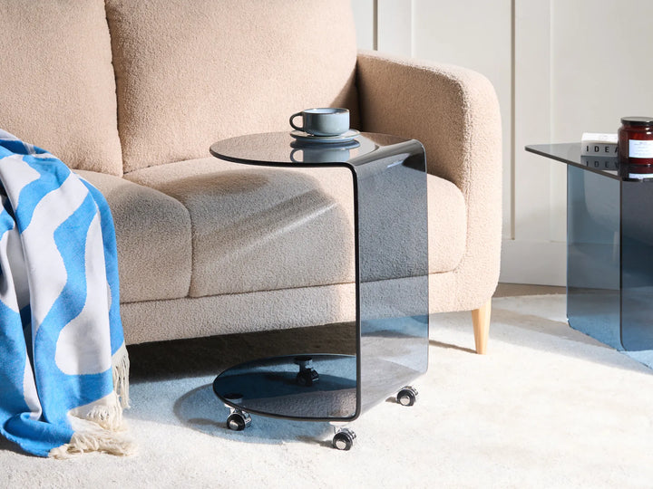 Side Table Tempered Glass Blue with Wheels Josclyn