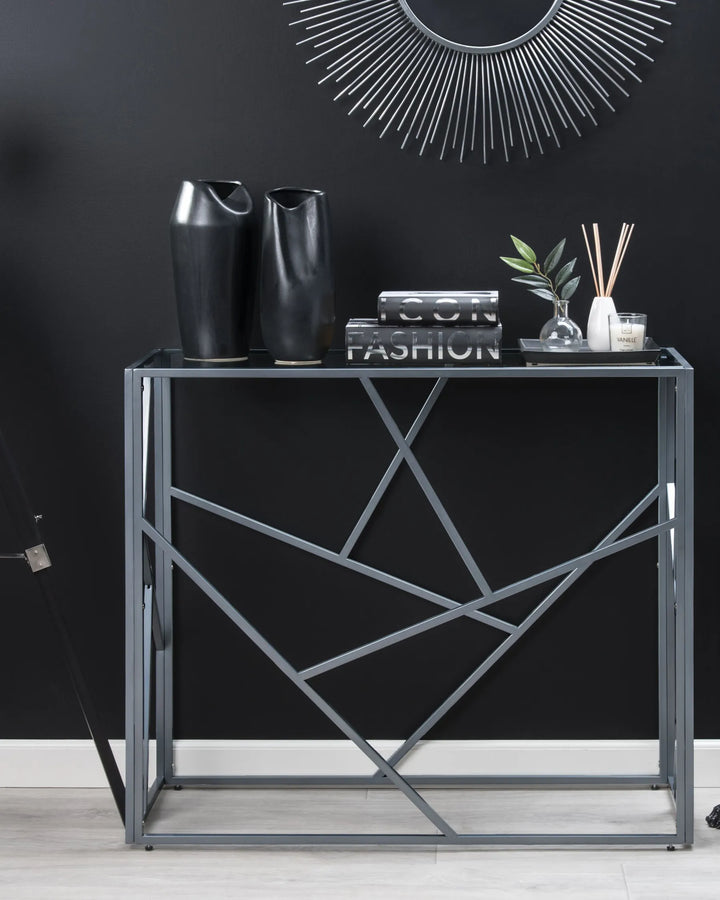 Modern side table with geometric design against a black wall